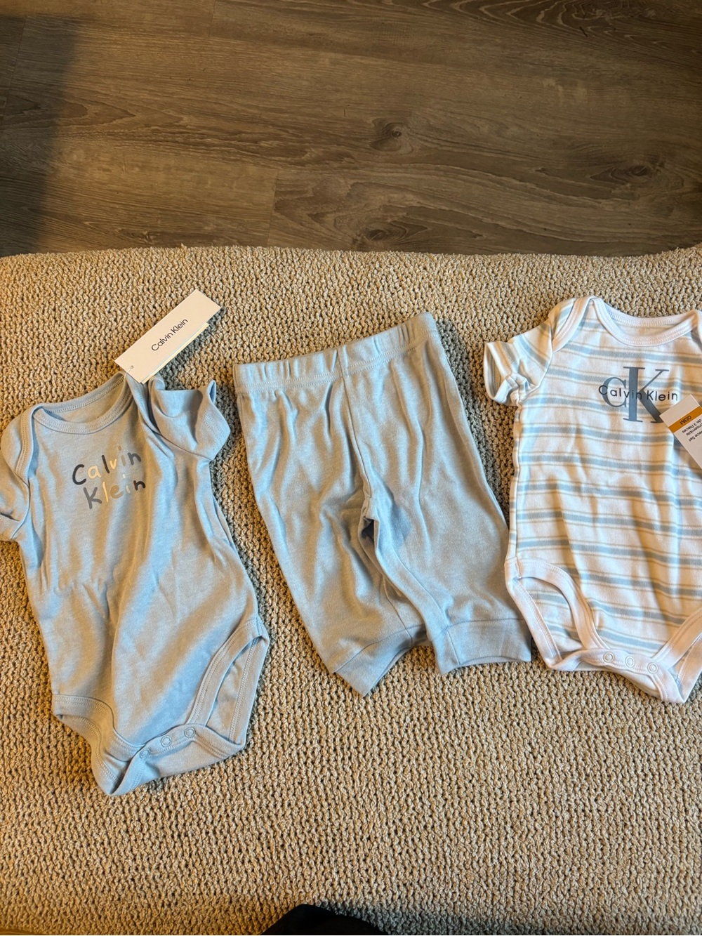 Calvin Klein Baby Three-Piece Set in Light Blue and White Stripes